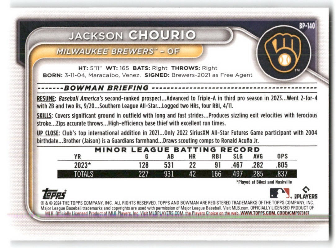 2024 Bowman #BP-140 - Jackson Chourio Milwaukee Brewers