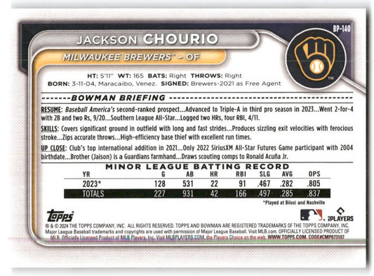 2024 Bowman #BP-140 - Jackson Chourio Milwaukee Brewers