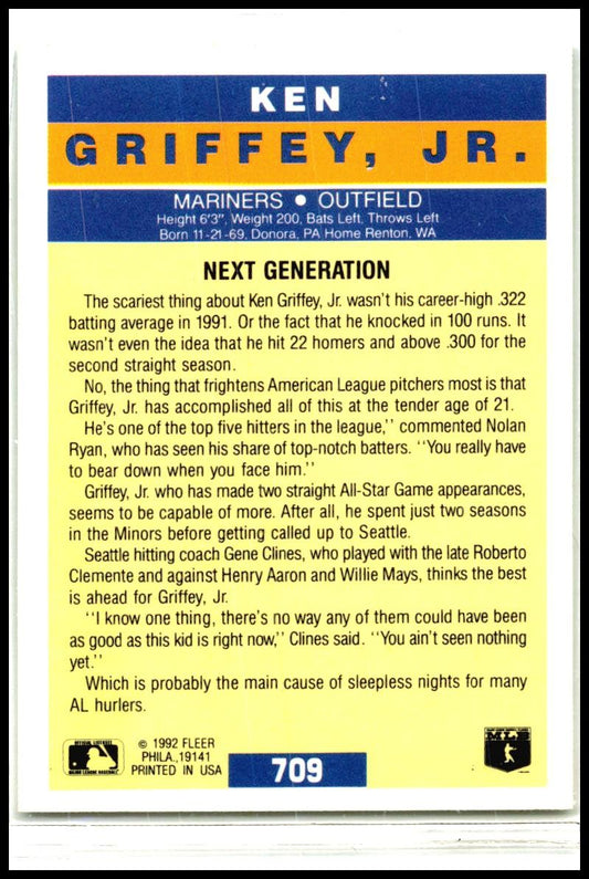 1992 Fleer #709 Ken Griffey, Jr. Seattle Mariners