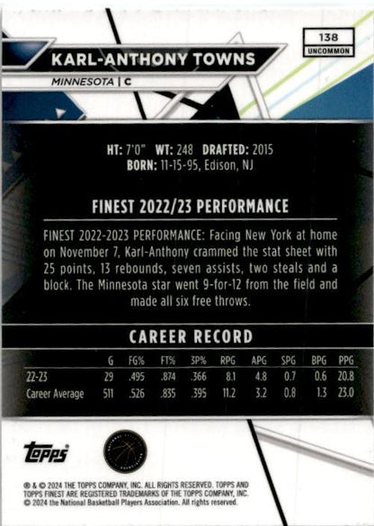 2023-24 Topps Finest Uncommon #138 Karl-Anthony Towns Minnesota