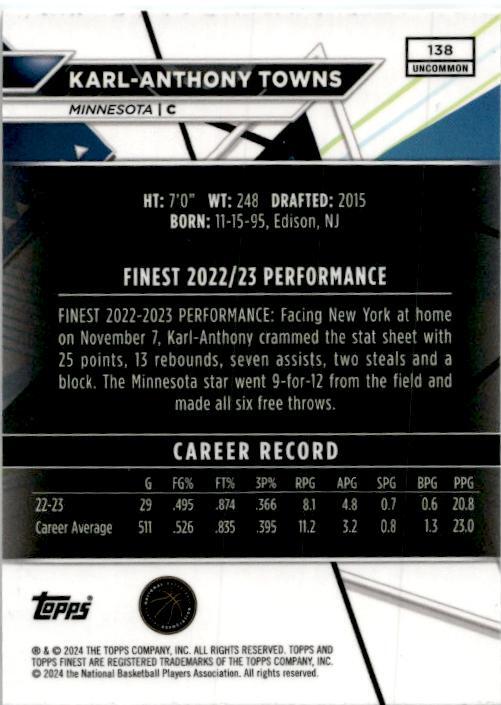 2023-24 Topps Finest Uncommon #138 Karl-Anthony Towns Minnesota