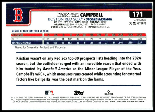 2025 Topps Chrome #171 Kristian Campbell Rookie Boston Red Sox