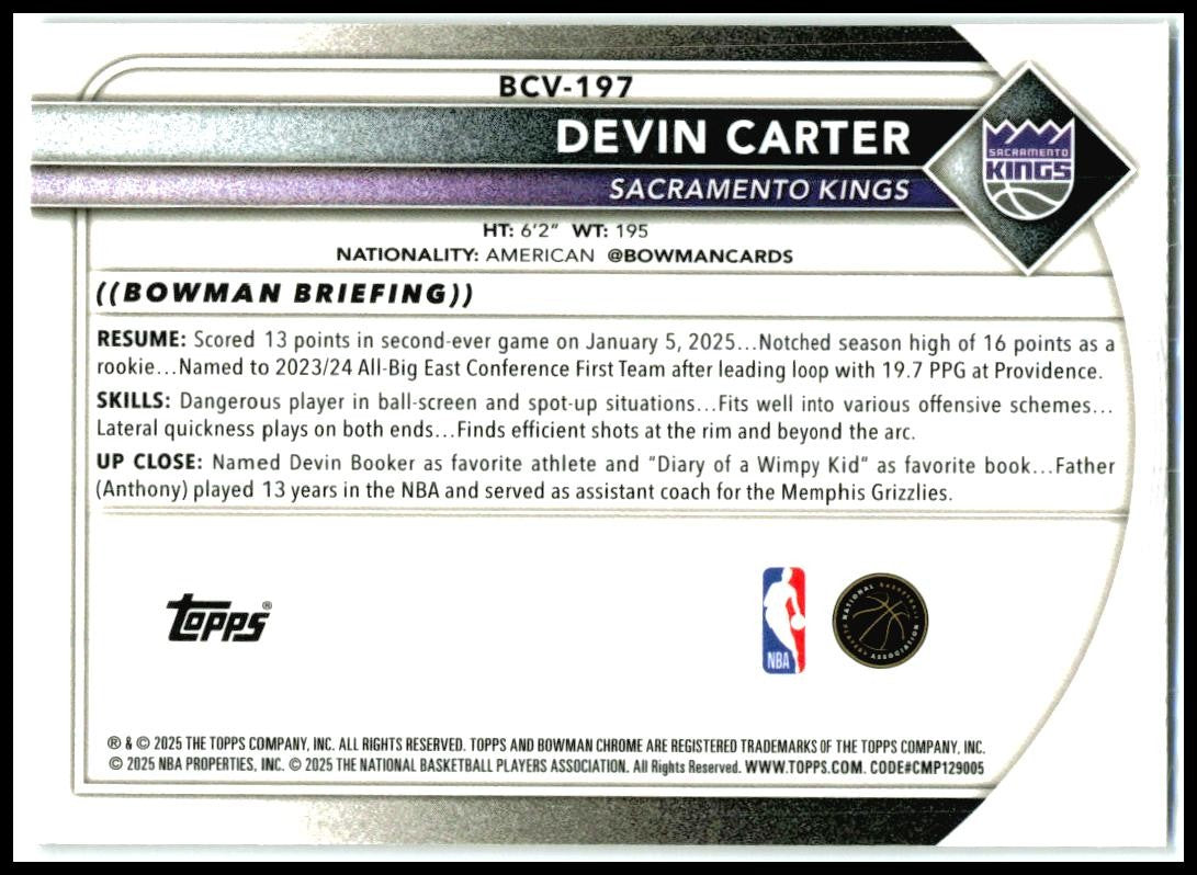 2025-26 Bowman Chrome Reptilian Refractor #BCV-197 Devin Carter Kings