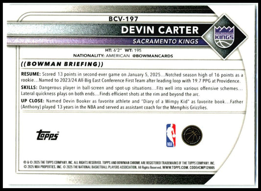 2025-26 Bowman Chrome Reptilian Refractor #BCV-197 Devin Carter Kings