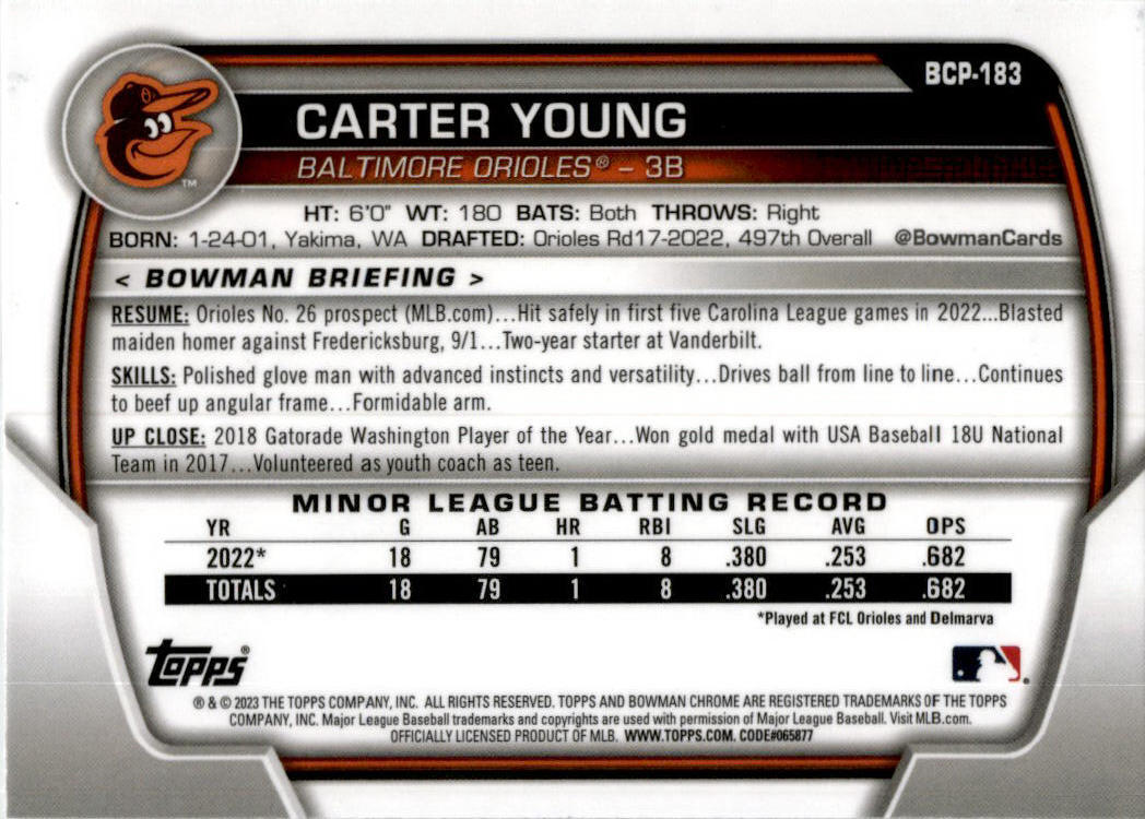 2023 Bowman Chrome #BCP-183 Carter Young RC Baltimore Orioles