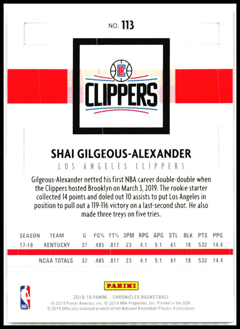 2018-19 Panini Chronicles Bronze #113 Shai Gilgeous-Alexander Rookie Clippers