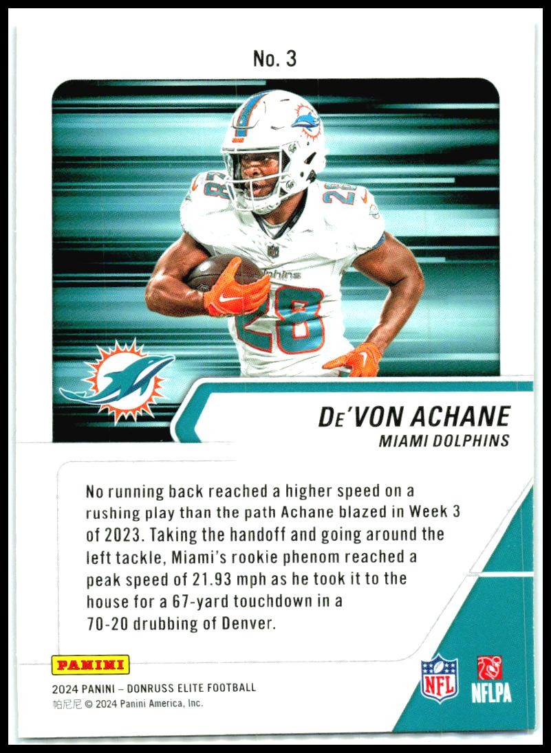 2024 Donruss Elite Full Throttle Green #3 De'Von Achane Miami Dolphins