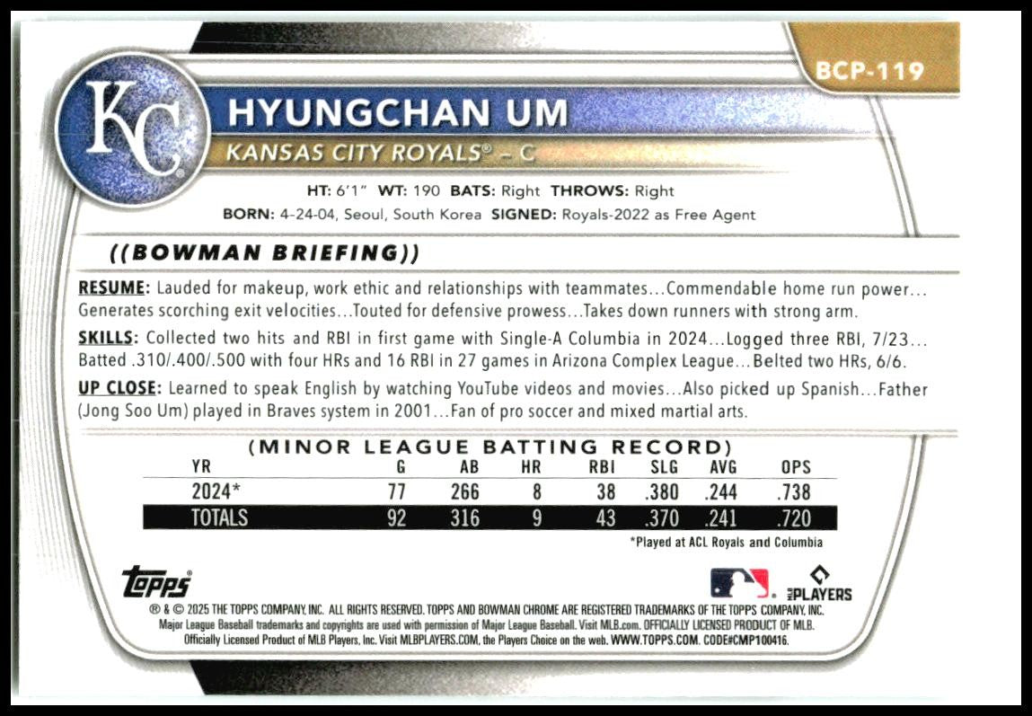 2025 Bowman Chrome Prospects #BCP-119 Hyungchan Um Kansas City Royals