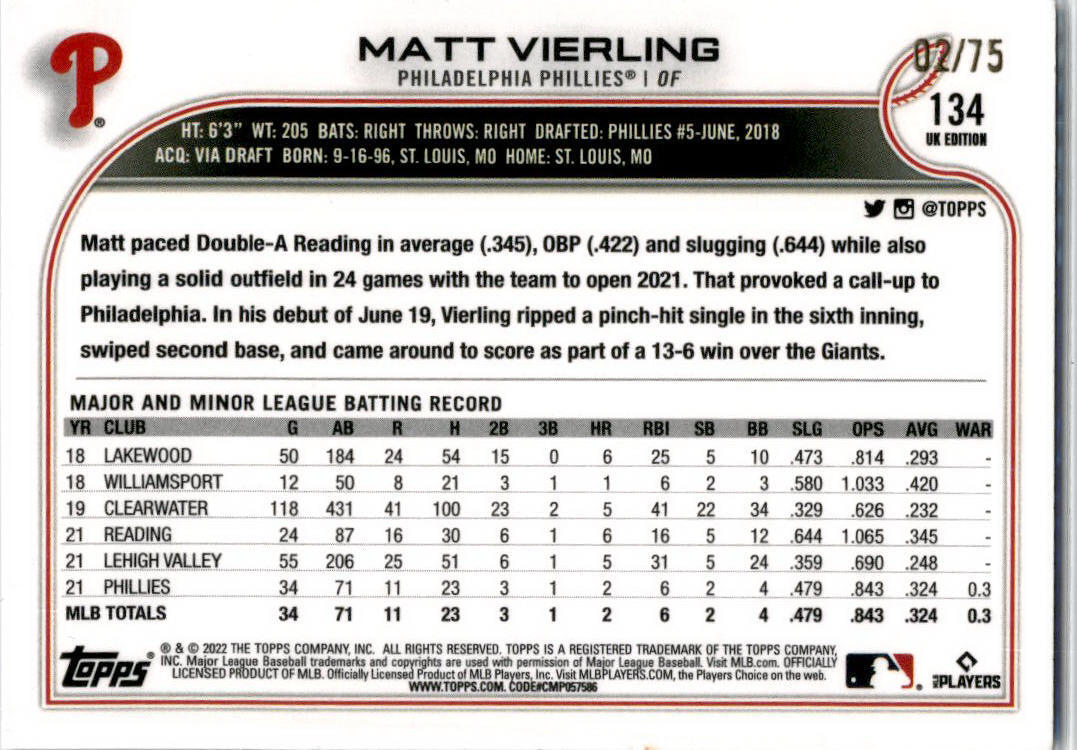2022 Topps Baseball UK Edition Blue #316 Matt Vierling Rookie Phillies /75