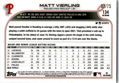 2022 Topps Baseball UK Edition Blue #316 Matt Vierling Rookie Phillies /75