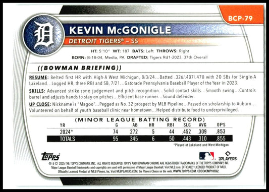 2025 Bowman Chrome Prospects Mojo Refractor #BCP-79 Kevin McGonigle Tigers