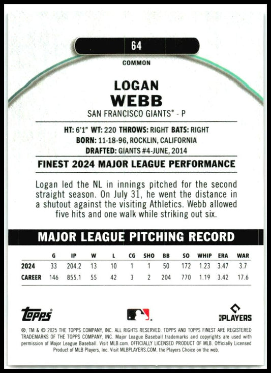 2025 Topps Finest Gold /50 #64 Logan Webb Giants