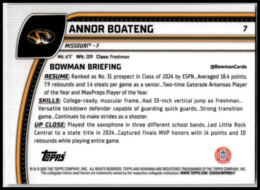 2024-25 Bowman University Chrome Purple Lava Refractor #7 Annor Boateng Tigers
