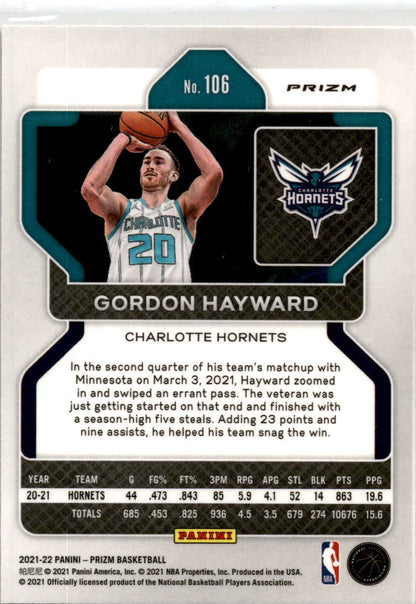 2021-22 Panini Prizm Orange Ice #106 Gordon Hayward Charlotte Hornets