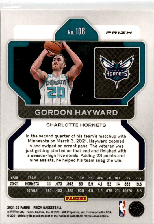 2021-22 Panini Prizm Orange Ice #106 Gordon Hayward Charlotte Hornets