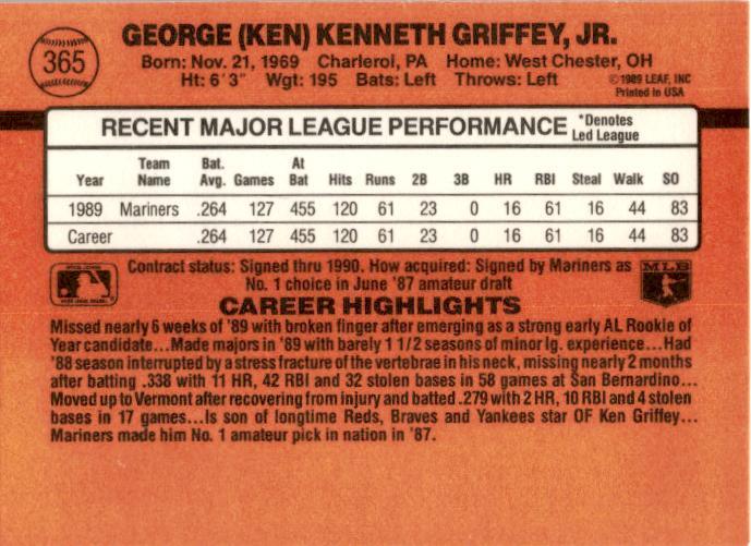 1990 Donruss #365b Ken Griffey Jr. Seattle Mariners
