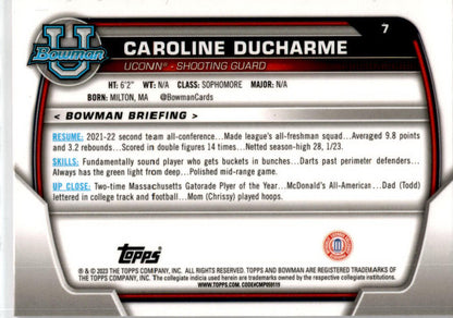 2022-23 Bowman University Chrome Pink #7 Caroline Ducharme Connecticut Huskies