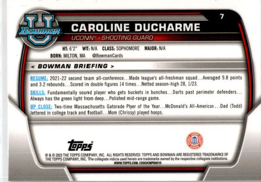 2022-23 Bowman University Chrome Pink #7 Caroline Ducharme Connecticut Huskies