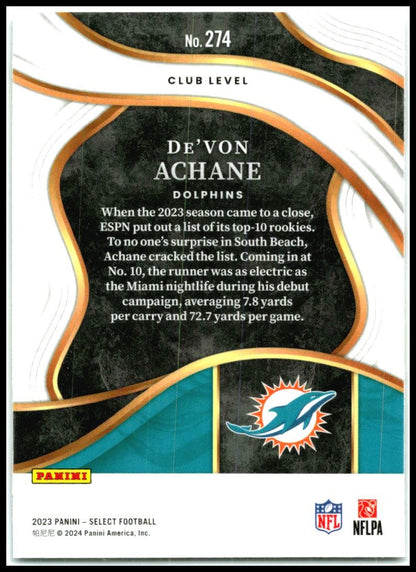 2023 Panini Select #274 De'Von Achane Miami Dolphins