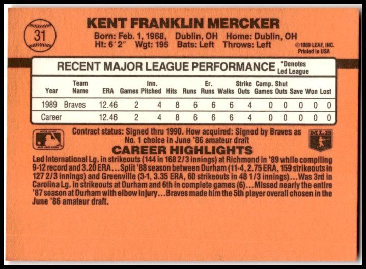 1990 Donruss #31c Kent Mercker Rookie Atlanta Braves