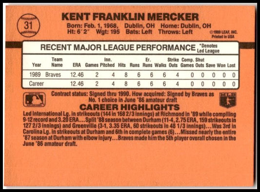 1990 Donruss #31c Kent Mercker Rookie Atlanta Braves