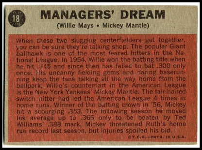 1962 Topps #18 Managers' Dream (Mickey Mantle / Willie Mays) CPC