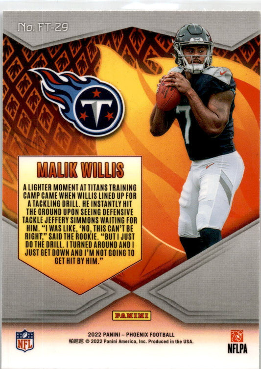 2022 Panini Phoenix Flame Throwers #FT-29 Malik Willis Tennessee Titans