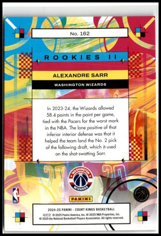 2024-25 Panini Court Kings #162 Alexandre Sarr Washington Wizards