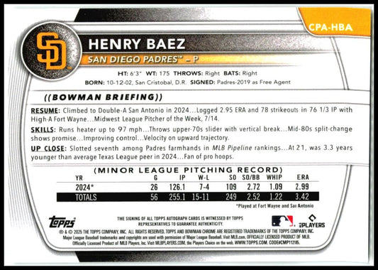 2025 Bowman Chrome Speckle #/299 #CPA-HBA Henry Baez Auto Paders