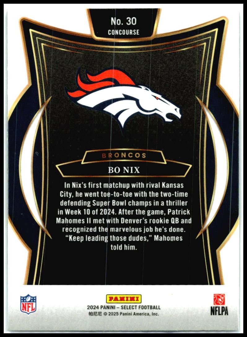 2024 Panini Select #30 Bo Nix Rookie Denver Broncos