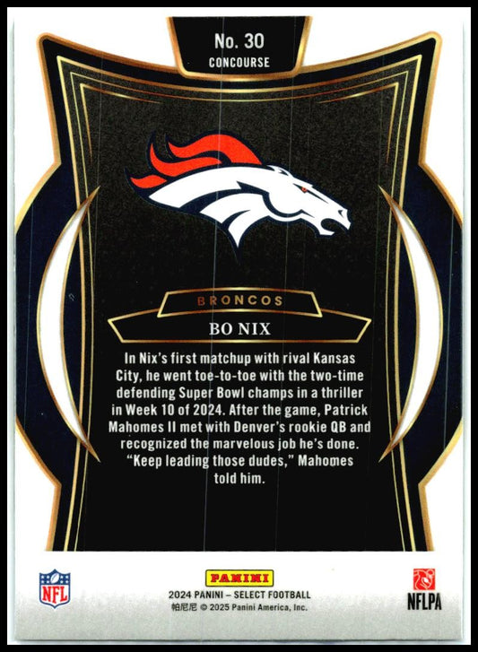 2024 Panini Select #30 Bo Nix Rookie Denver Broncos