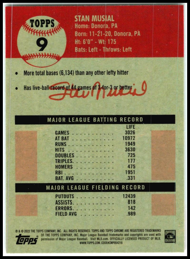2022 Topps Chrome Platinum Anniversary Prism Refractor #9 Stan Musial St. Louis