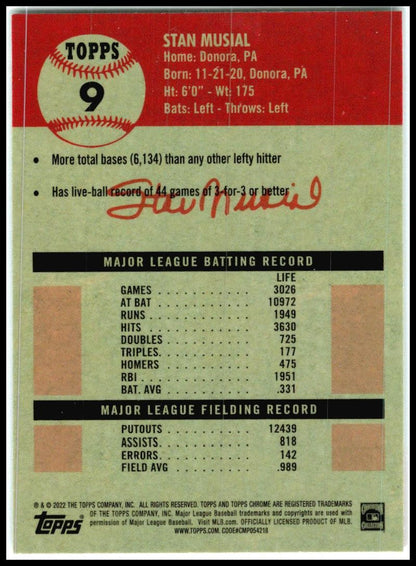 2022 Topps Chrome Platinum Anniversary Prism Refractor #9 Stan Musial St. Louis