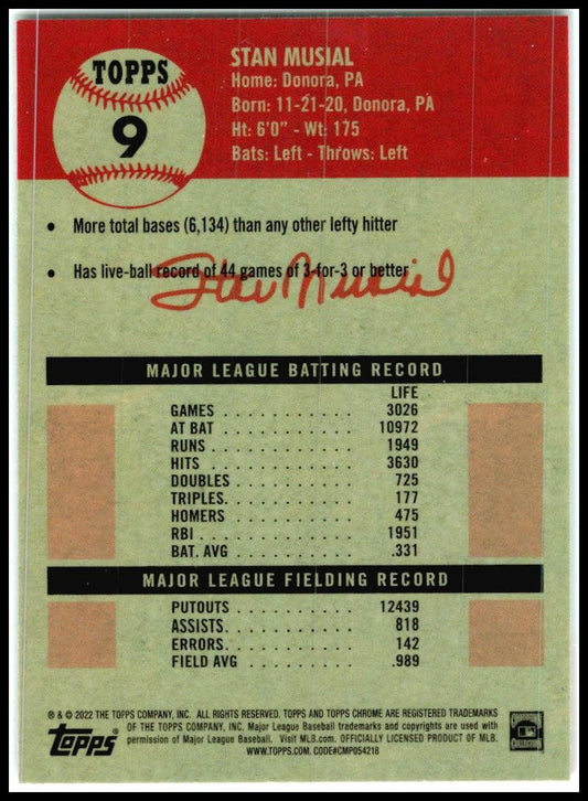 2022 Topps Chrome Platinum Anniversary Prism Refractor #9 Stan Musial St. Louis