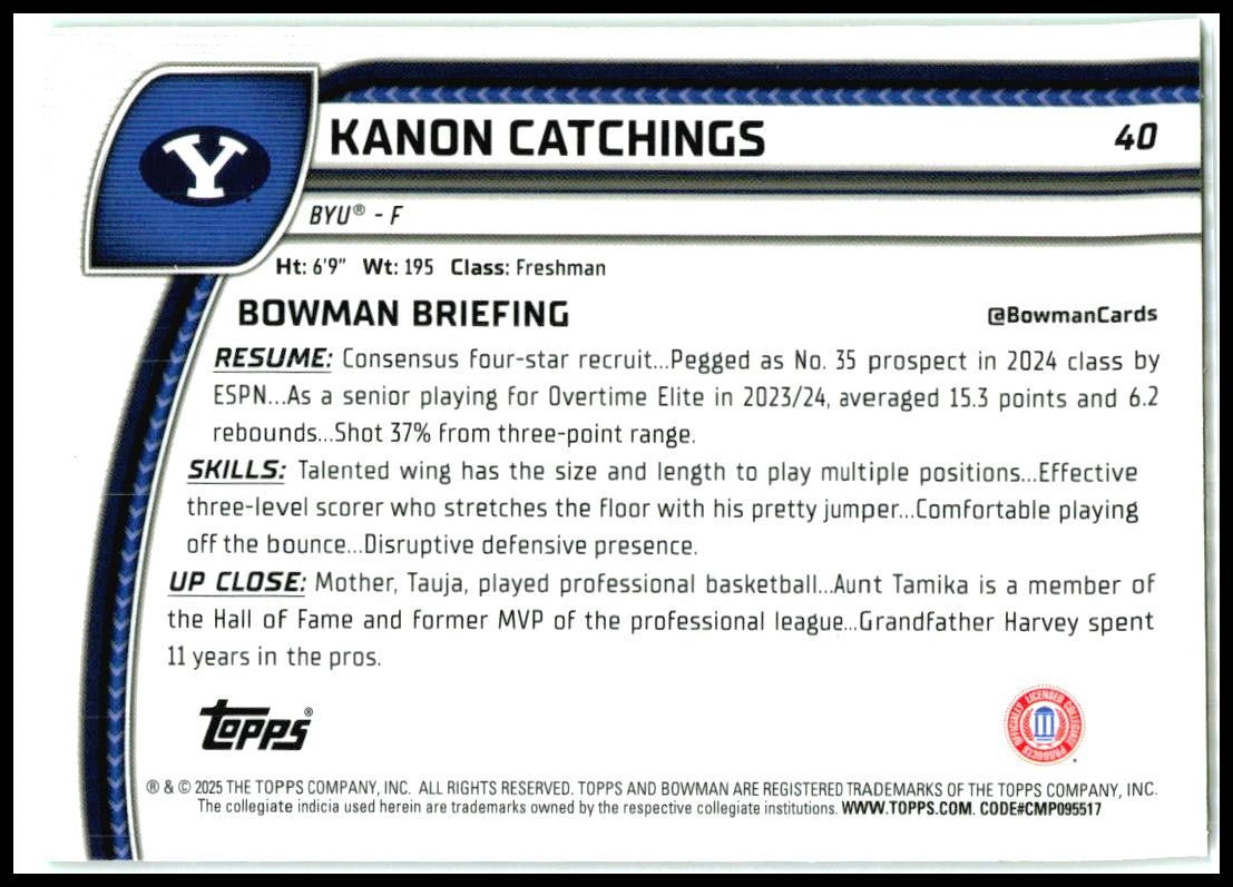 2024-25 Bowman University Chrome Green Shimmer #40 Kanon Catchings BYU Cougars