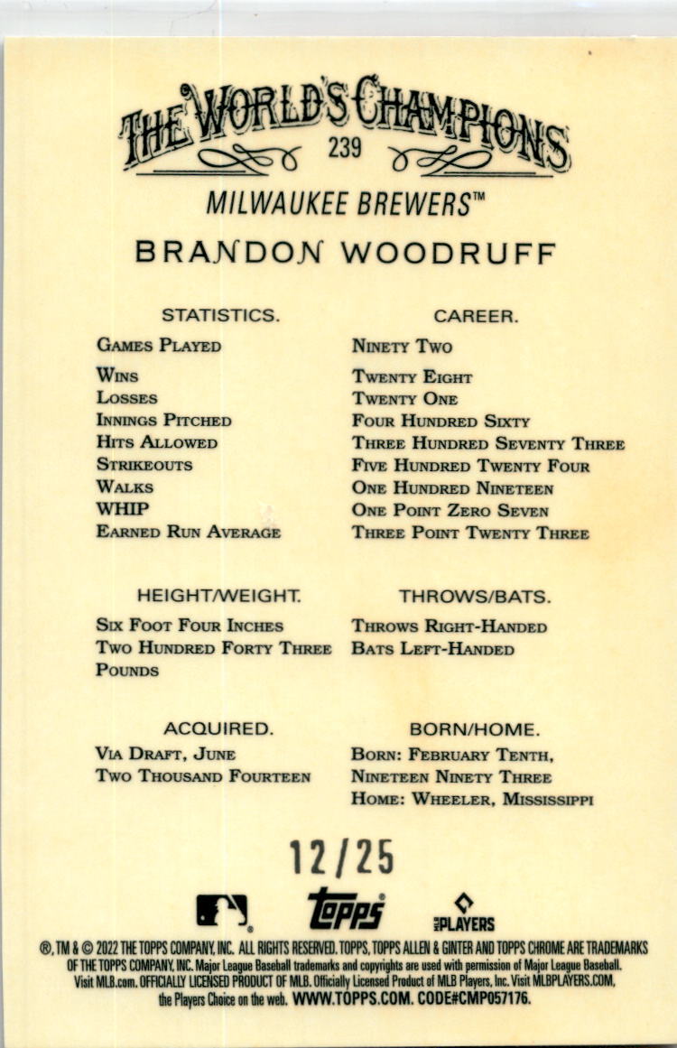 2022  Allen & Ginter Chrome Orange Refractor #239 Brandon Woodruff Brewers