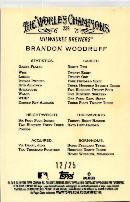 2022  Allen & Ginter Chrome Orange Refractor #239 Brandon Woodruff Brewers