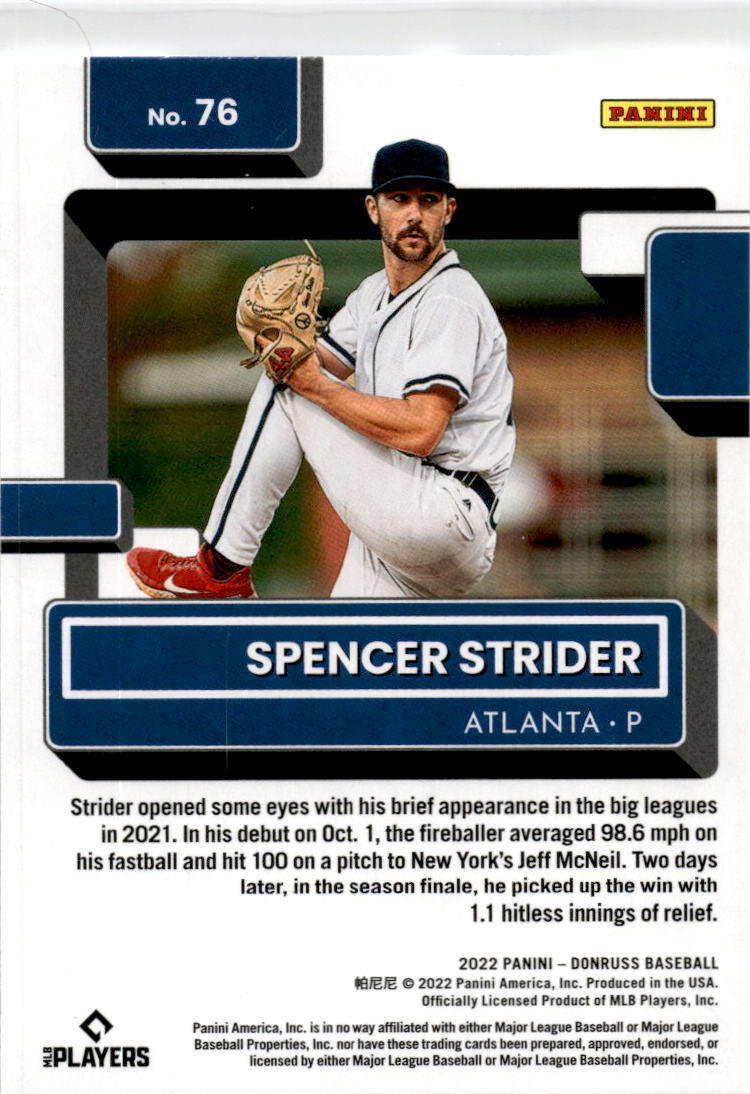 2022 Donruss #76 Spencer Strider Rookie Atlanta Braves