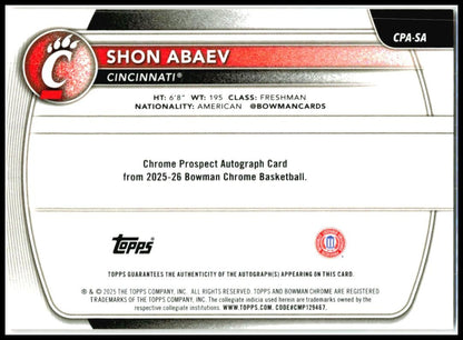 2025-26 Bowman Chrome Auto Orange /25 #CPASA Shon Abaev Cincinnati