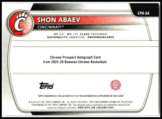 2025-26 Bowman Chrome Auto Orange /25 #CPASA Shon Abaev Cincinnati