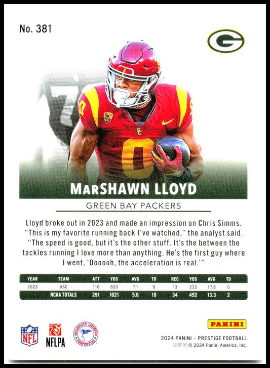 2024 Panini Prestige #381 MarShawn Lloyd Rookie Green Bay Packers