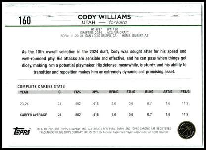 2024-25 Topps Chrome Prism Refractor #160 Cody Williams Rookie Utah Jazz