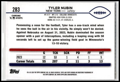 2024 Topps Chrome Pink Refractor #283 Tyler Nubin Rookie New York Giants