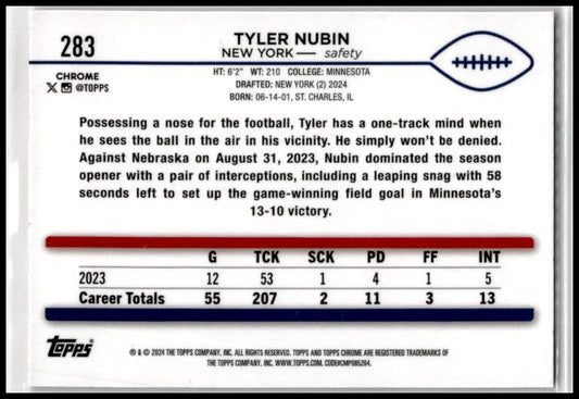 2024 Topps Chrome Pink Refractor #283 Tyler Nubin Rookie New York Giants