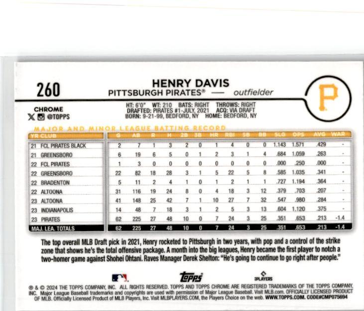 2024 Topps Chrome Sepia Refractors #260 Henry Davis Rookie Pittsburgh Pirates