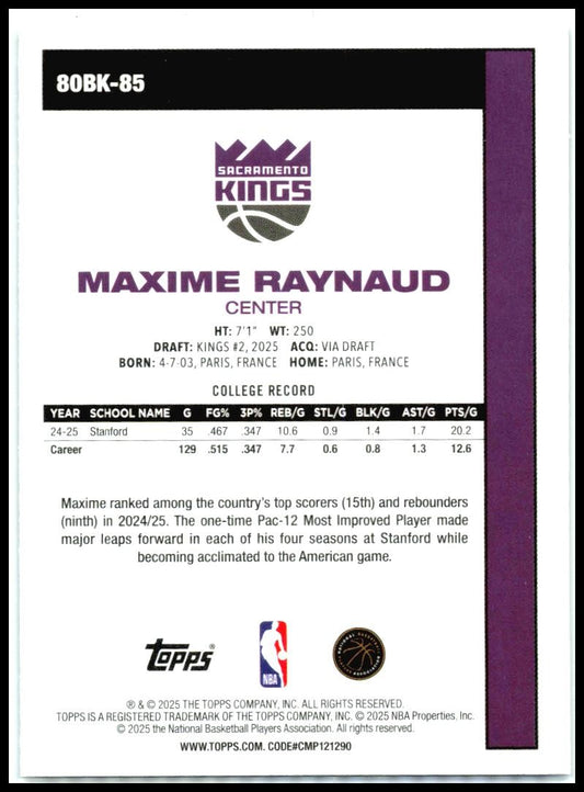 2025-26 Topps 1980-81 Topps Basketball #80BK-85 Maxime Raynaud Sacramento Kings