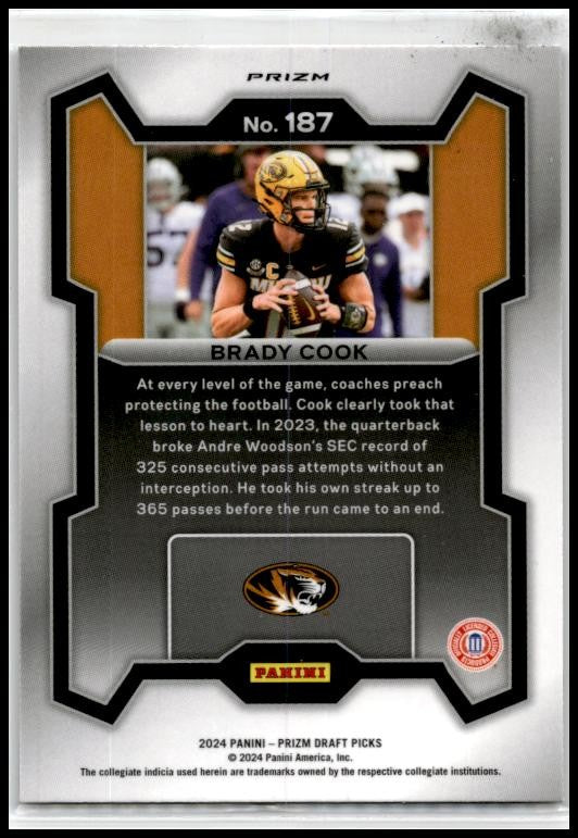 2024 Panini Prizm Draft Picks Purple Wave #187 Brady Cook Missouri Tigers