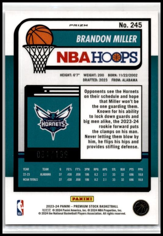 2023-24 Hoops Premium Stock Red Wave /199 #245 Brandon Miller