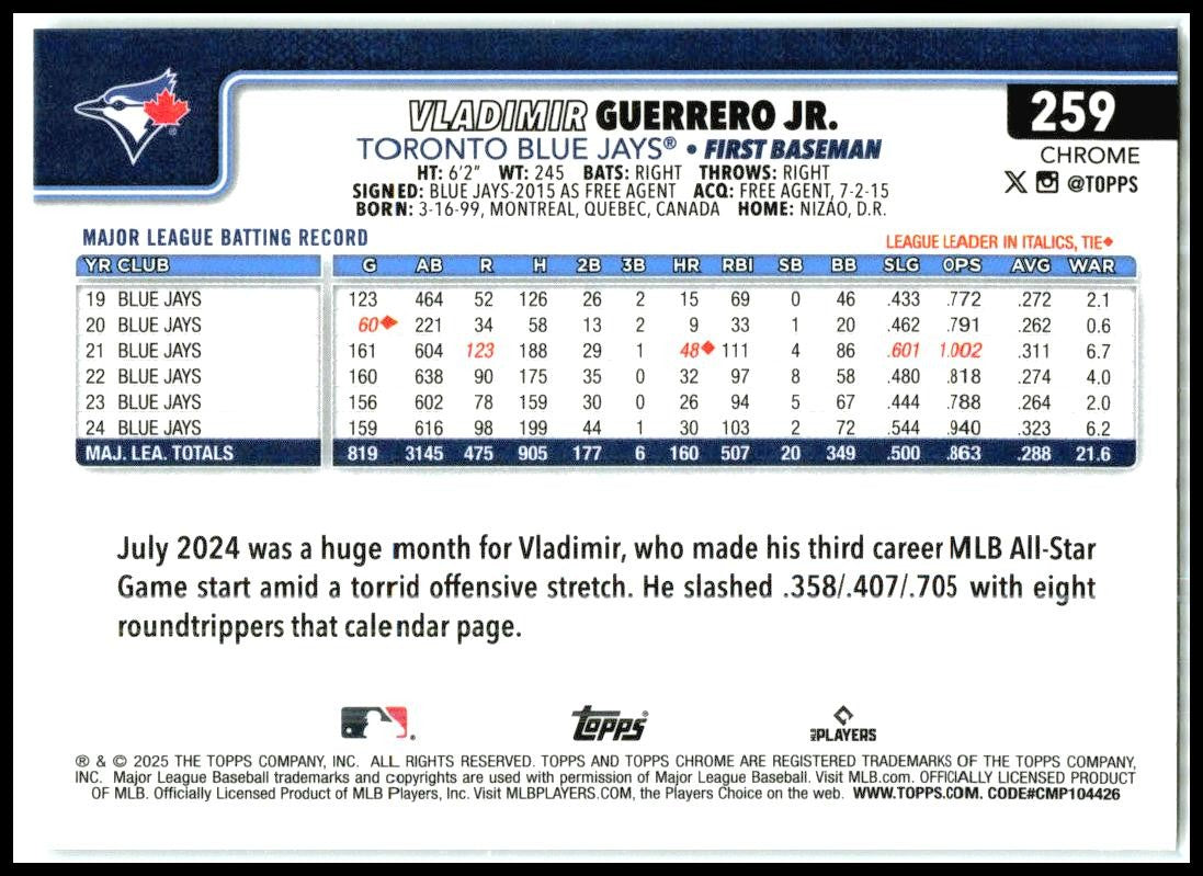 2025 Topps Chrome #259 Vladimir Guerrero Jr. Toronto Blue Jays