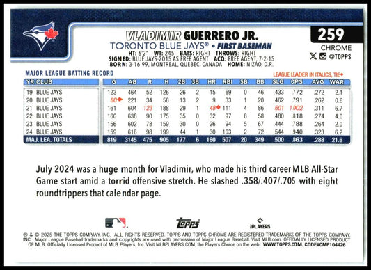 2025 Topps Chrome #259 Vladimir Guerrero Jr. Toronto Blue Jays